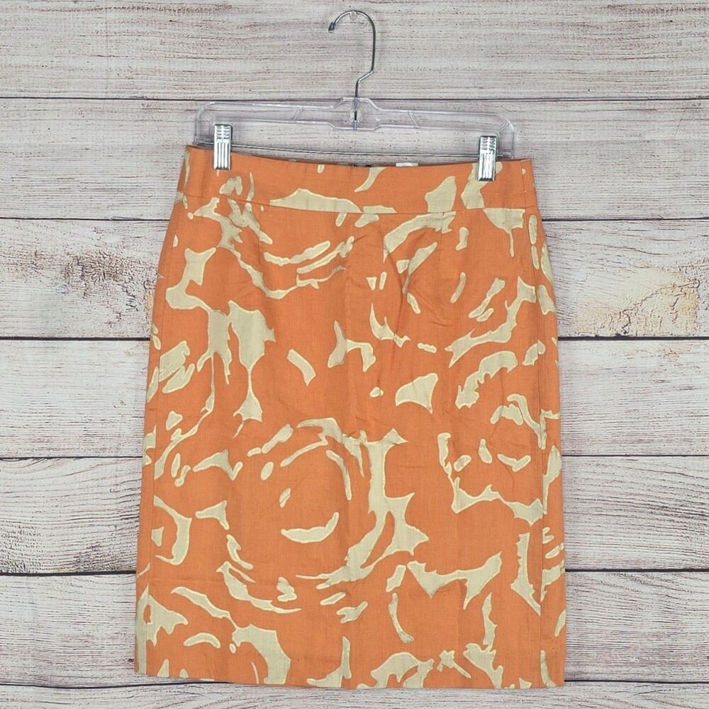 J. Crew 100% Linen Orange Business Floral Printed Woven Pencil Skirt Size 6